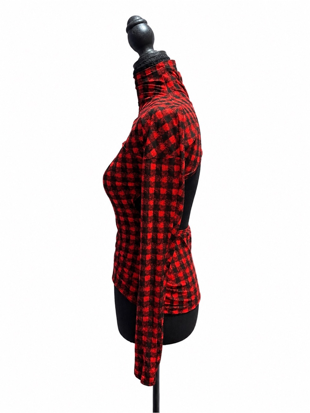 GILMAR Made In Italy Red Black Buffalo Plaid Open Back Turtle Neck Top NWT - Picture 5 of 11